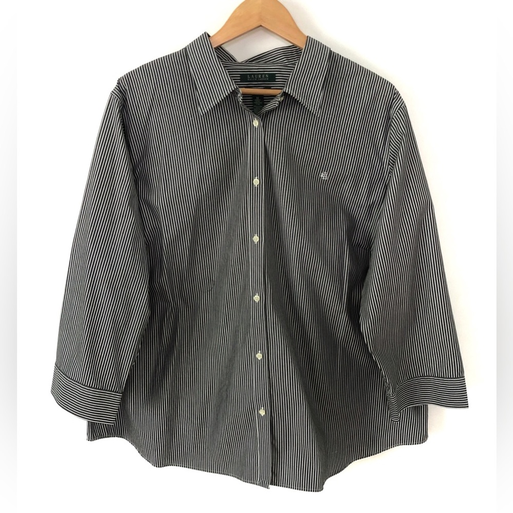 Lauren Ralph Lauren Women’s 3X Black White Striped Non-Iron Button Front Shirt